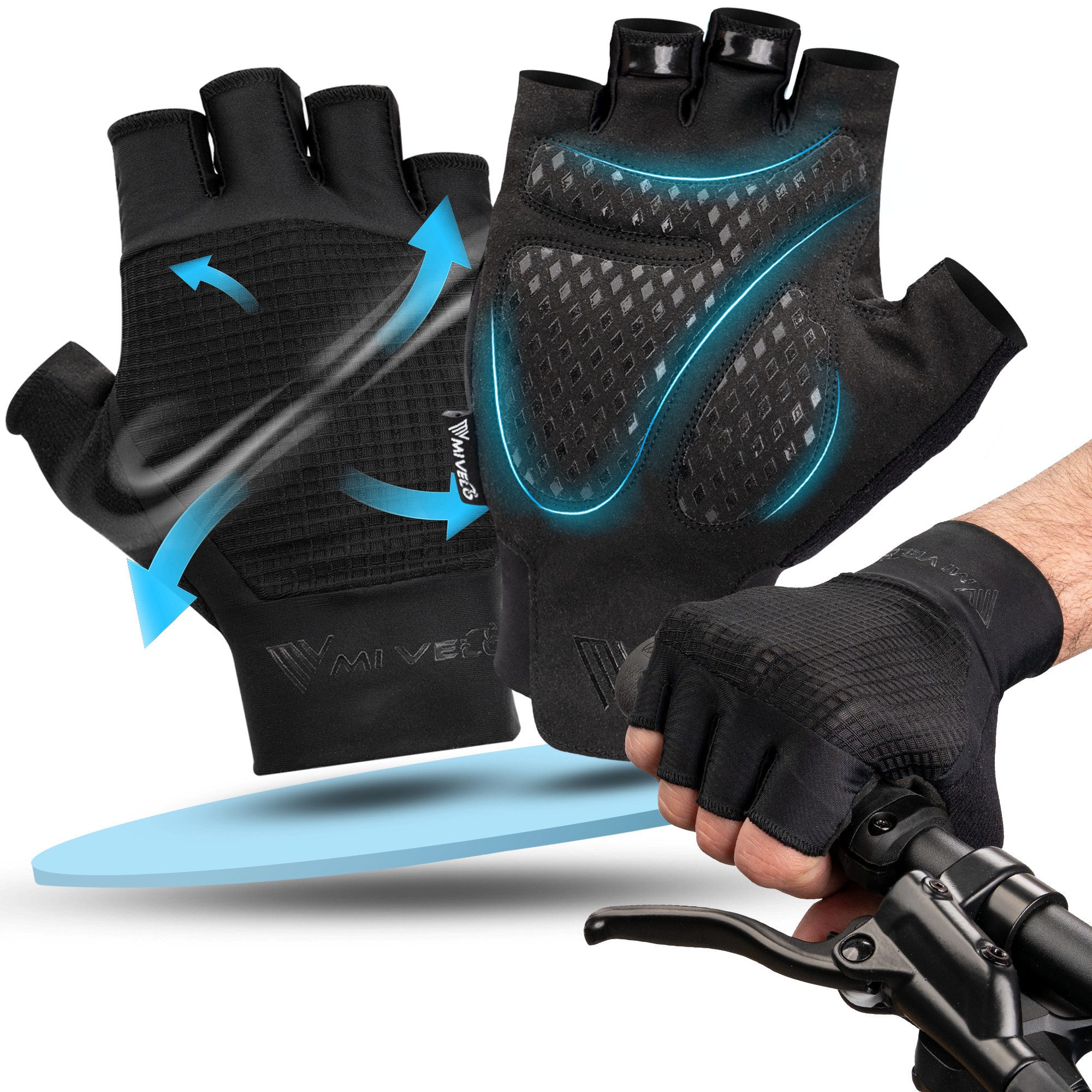 fahrradhandschuhe-herren-612xqw-1.jpg MIVELO Fahrradhandschuhe Herren & Damen gepolstert, Sommer Fahrrad Handschuh, atmungsaktiv mit An und Ausziehhilfe, Halbfinger – Bild 1
