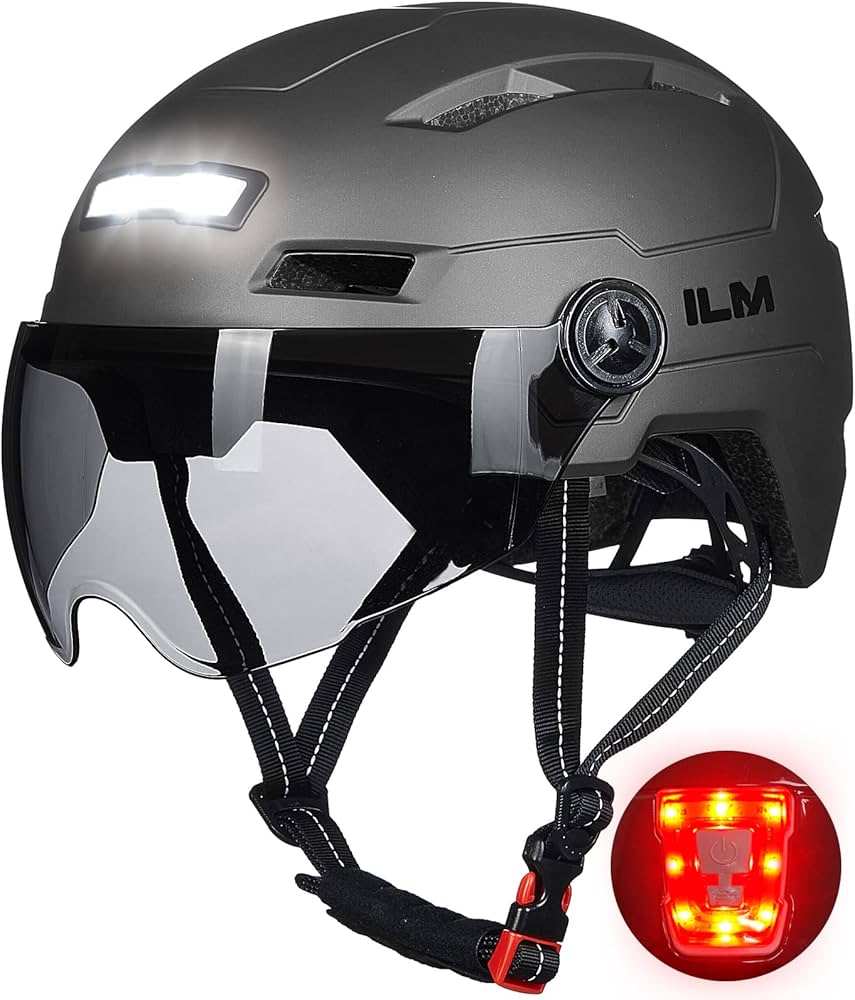 fahrradhelm-mit-visier-886bbk-1.jpg ILM Fahrradhelm Damen Herren mit Visier und LED Licht E3 10L | Unisex, ASTM/CPSC/EN1078, abnehmbares getöntes Visier, USB LED Licht, 10 Belüftungen : ... – Bild 1