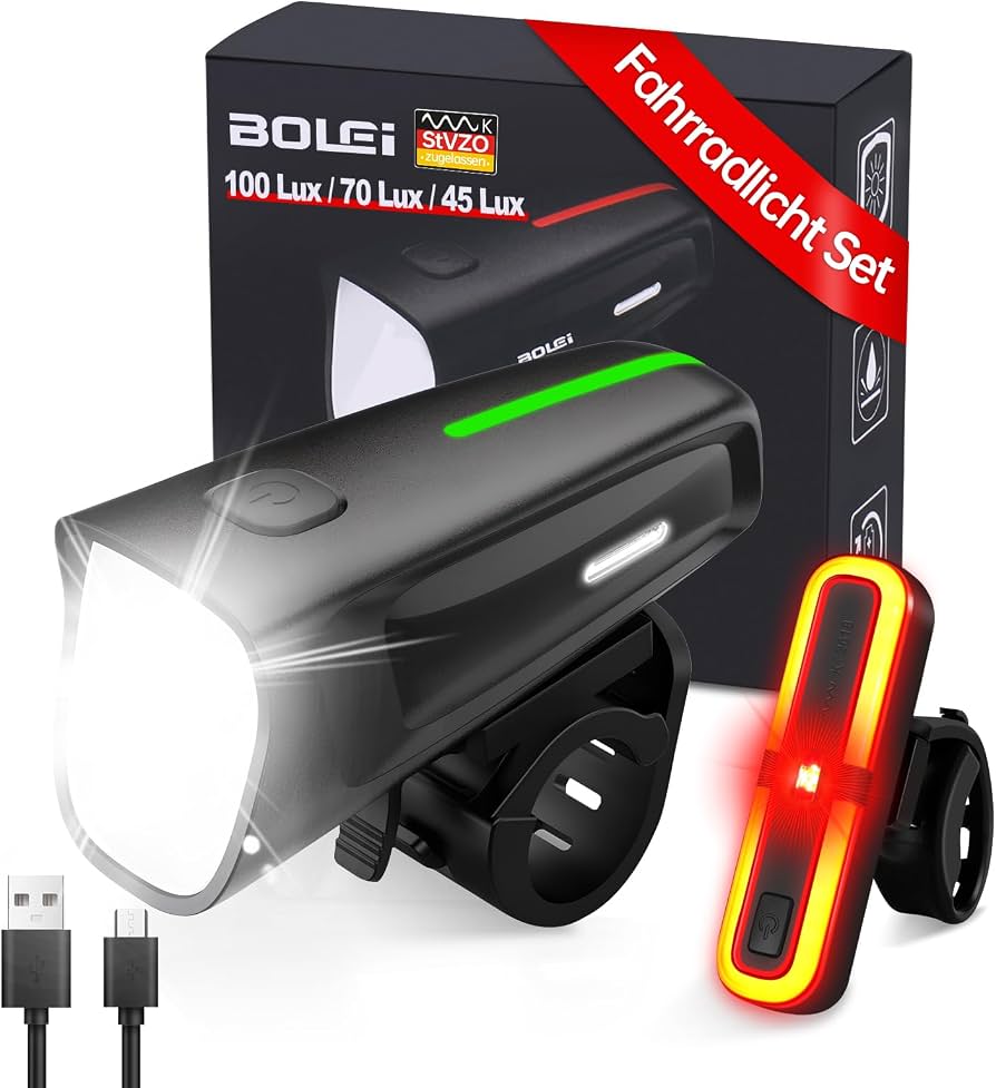 fahrradlicht-203rjd-1.jpg BOLEi Fahrradlicht Set 100 LUX, StVZO, USB, IPX5, mit Bremslicht Funktion | Batterieanzeige, blendfreies Design, 100/70/45 LUX, für Radfahren, ... – Bild 1