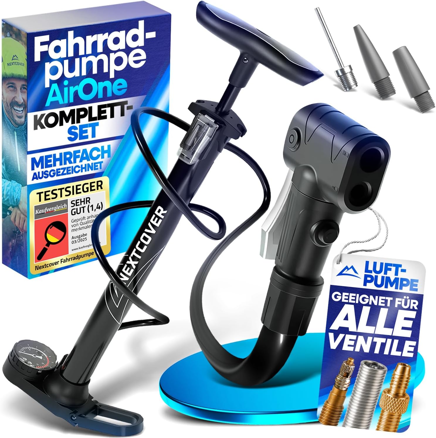 fahrradpumpe-770hrl-1.jpg NEXTCOVER Fahrradpumpe für alle Ventile – Standluftpumpe mit Manometer & Airflow Technologie – AirOne, Schwarz/Blau/Silber – Bild 1