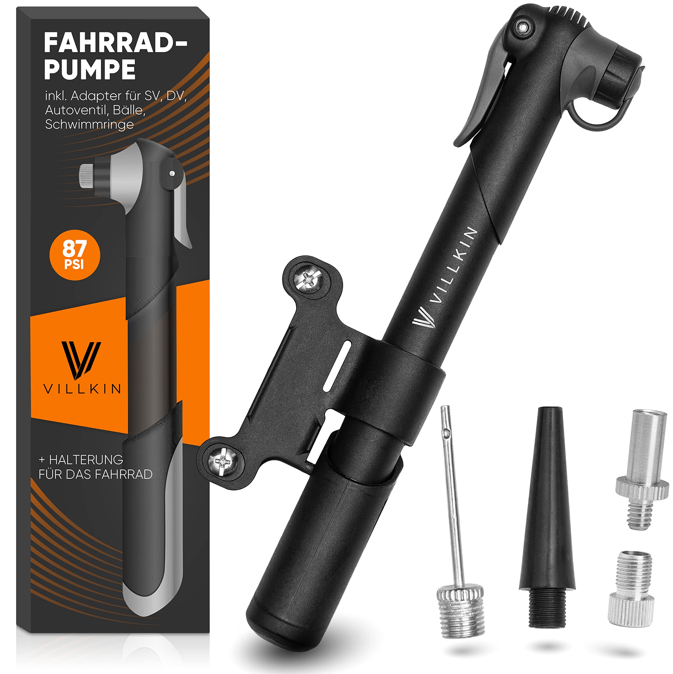 fahrradpumpe-945jvw-1.jpg Villkin Fahrradpumpe 87 PSI für alle Ventile – Inkl. Adaptern für (SV) Presta, (AV) Schrader, (DV) Dunlop Ventil & Bälle – Pumpe kompatibel für ... – Bild 1