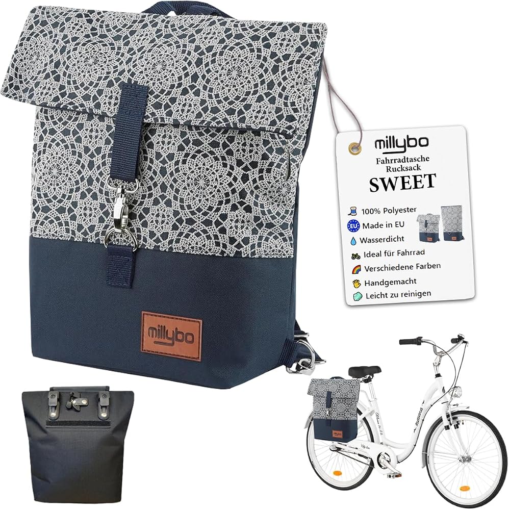 fahrradrucksack-gepaecktraeger-638qho.jpg millybo SWEET Fahrradtaschen für Gepäckträger Damen & Herren, Fahrrad Tasche Hinten 3 in 1 Gepäckträgertasche und Rucksack, wasserfest (800.004 Lace Navy) : Amazon.de: Sport & Freizeit – Bild 1