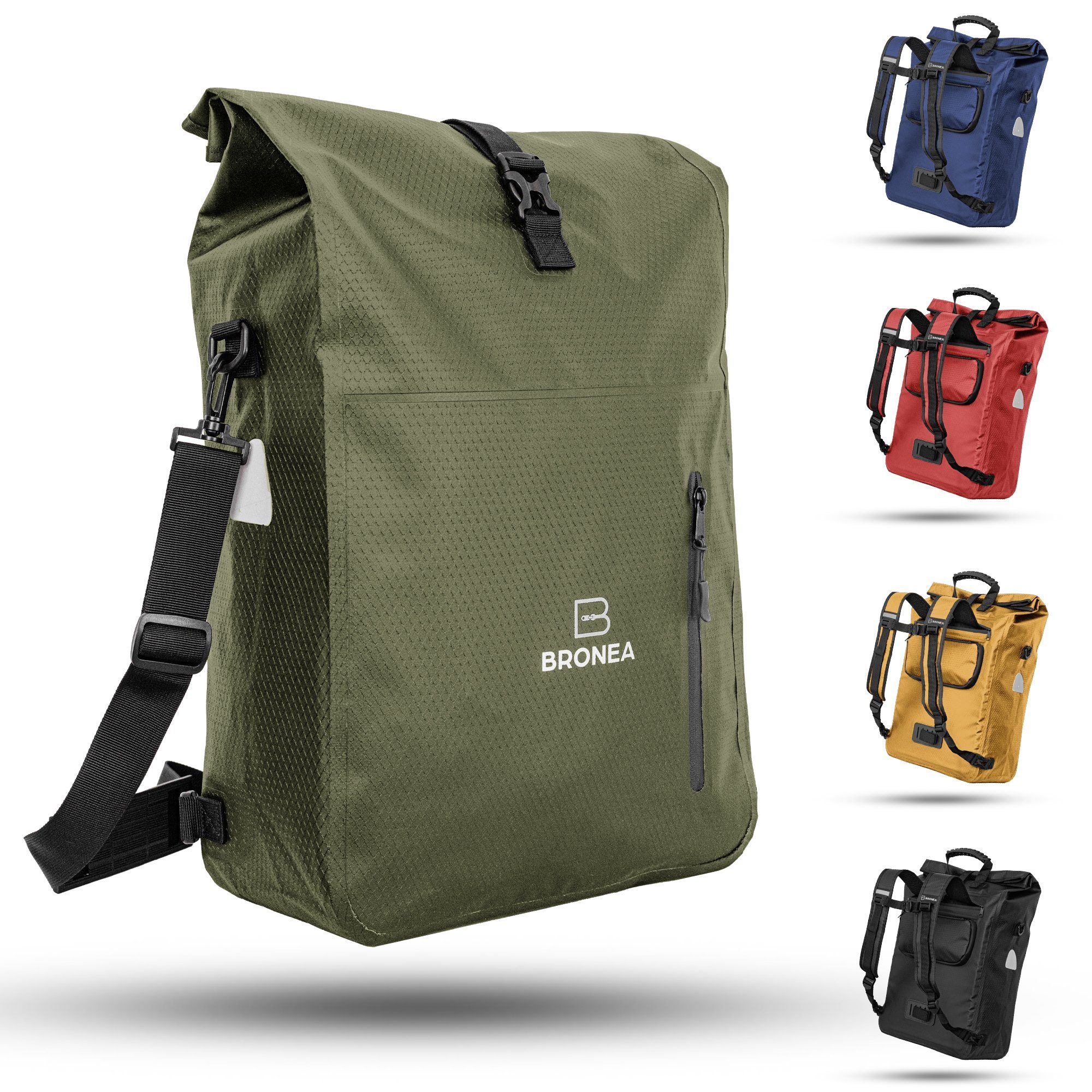 fahrradtaschen-wasserdicht-873boj-1.jpg Bronea Fahrradtasche 3 in 1 Wasserdicht 28L GRÜN Kombi Rucksack & Umhängetasche (Schnellmontage an Gepäckträger, integrierte Laptoptasche), Diamond Struktur Laptoptasche 100% Wasserdicht Reflektierende Elemente – Bild 1