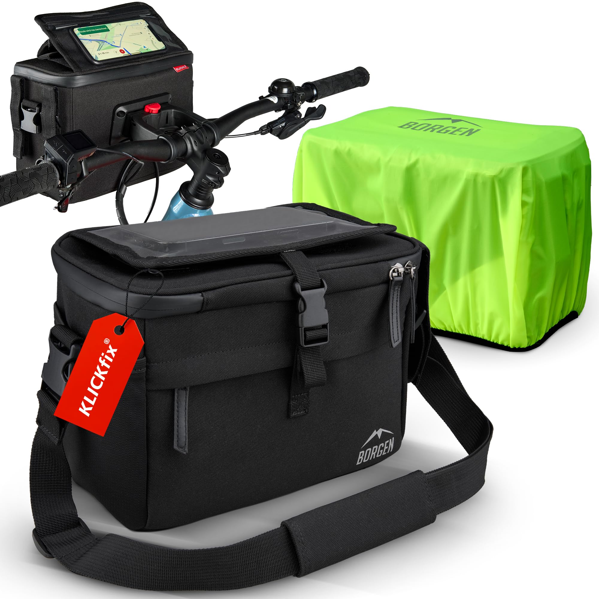 klickfix-lenkertasche-787vlr-1.jpg Borgen Lenkertasche mit Handyhalterung KLICKfix, schwarz, 6 L | Wasserabweisende und geräumige Fahrrad Lenkertasche mit Handyhalterung ideal für E Bike, MTB, Rennrad und Citybike. : Amazon.de: Sport & Freizeit – Bild 1