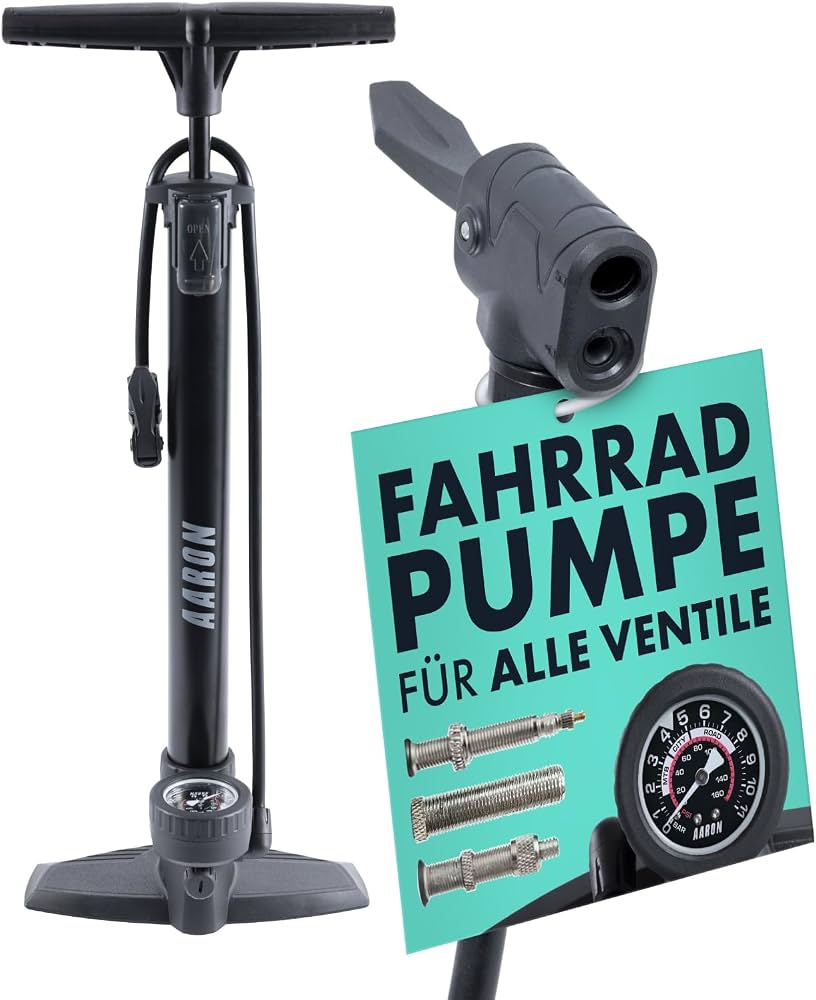 luftpumpe-fahrrad-734ruz-1.jpg AARON AIR Fahrrad Standpumpe mit Manometer für alle Ventile, Hochdruck Fahrradpumpe Rennrad, Luftpumpe, Pumpe mit Ball Aufsatz, schwarz : Amazon.de: Sport & Freizeit – Bild 1